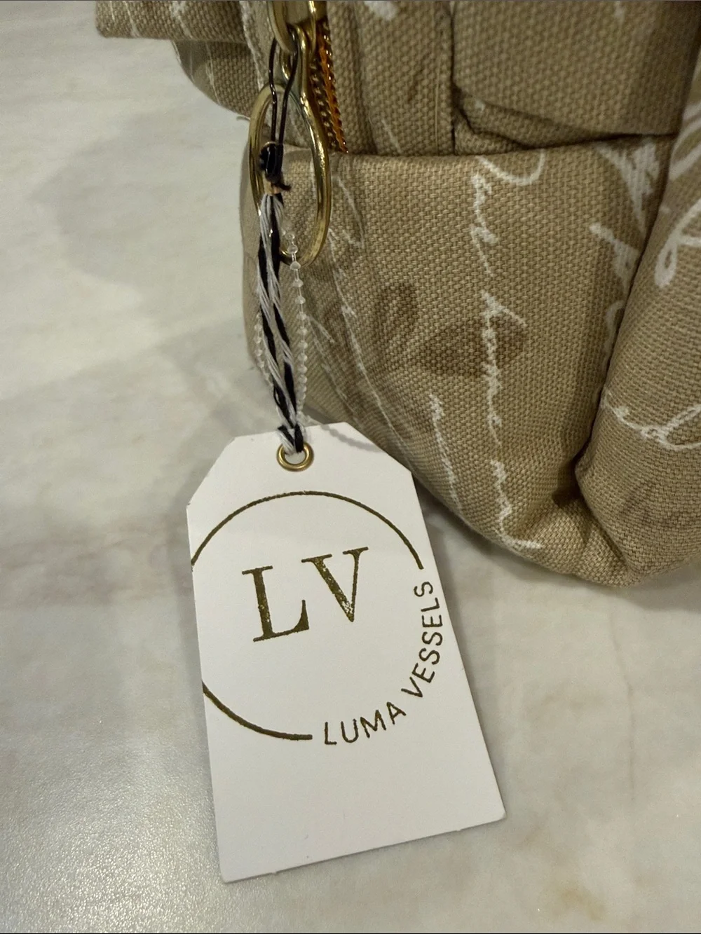 NWT Luma vessels Beige Script Canvas Ruffle Cosmetic Case